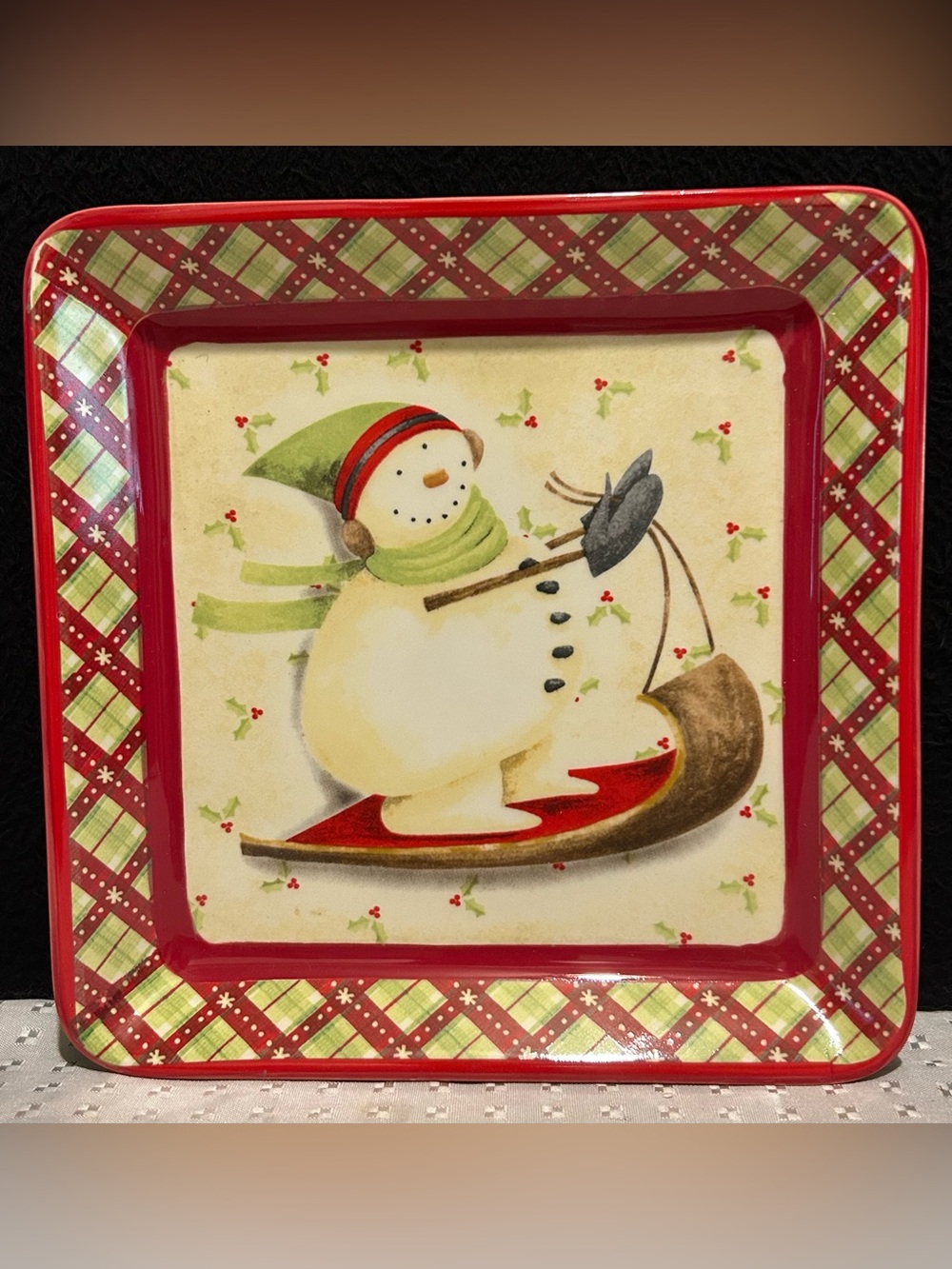 Debbie Mumm Jo Ann Fabric Christmas 2008 Square Snowman Pottery Serving Dish 9"